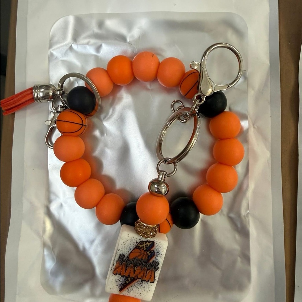 Basketball Mom Orange and Black Beaded Wristlet with matching keychain